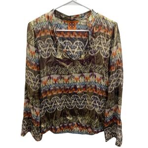 Tory Burch Stephanie Womens Silk Metallic Ikat Long Sleeve V‎ Neck Blouse Size 4